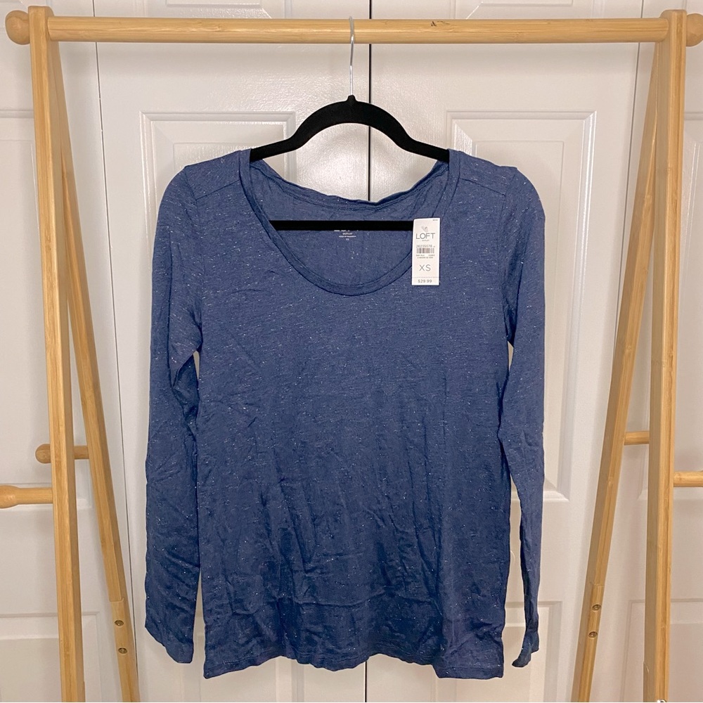 NWT Basic Navy with Gold Thread Long Sleeve Top, XS, Scoop Neck, LOFT Outlet